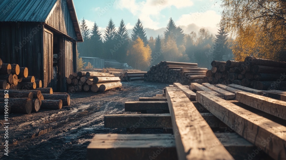 Poster a rustic lumberyard scene with square beams drying in the sun, surrounded by rough logs in the dista