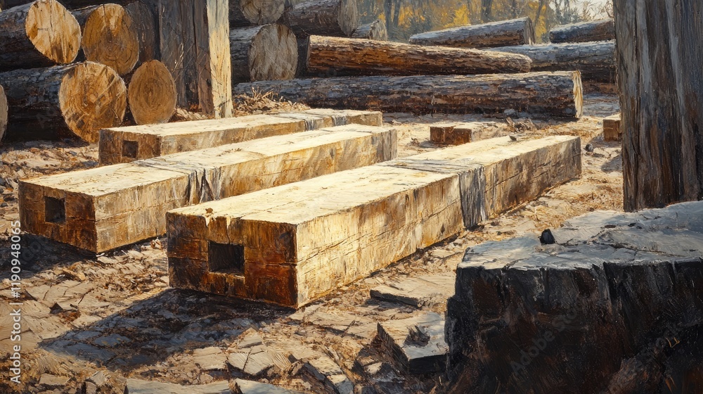 Poster a rustic lumberyard scene with square beams drying in the sun, surrounded by rough logs in the dista