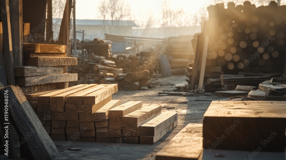 Poster A rustic lumberyard scene with square beams drying in the sun, surrounded by rough logs in the distance, capturing the essence of outdoor craftsmanship