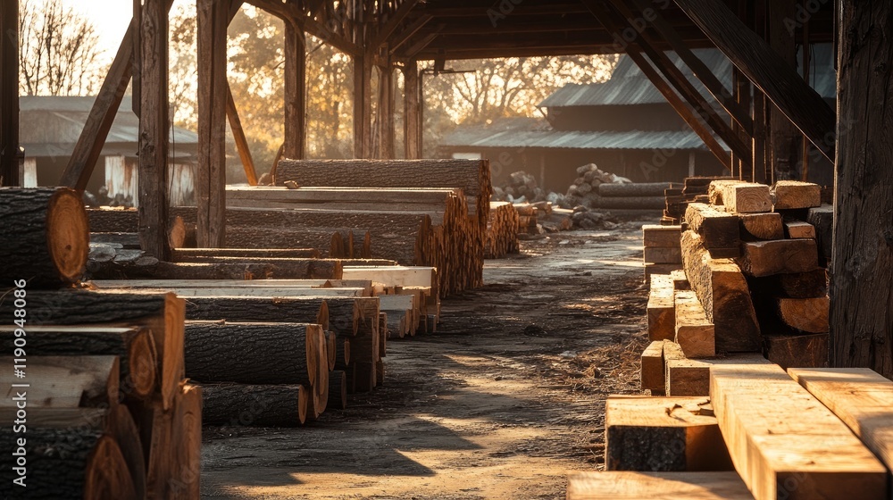Poster a rustic lumberyard scene with sun-dried square beams and rough logs in the distance, showcasing the