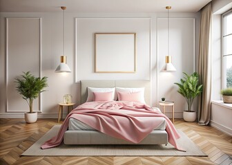 Airborne view: a serene pink minimalist bedroom. White bed, empty frame, cozy.