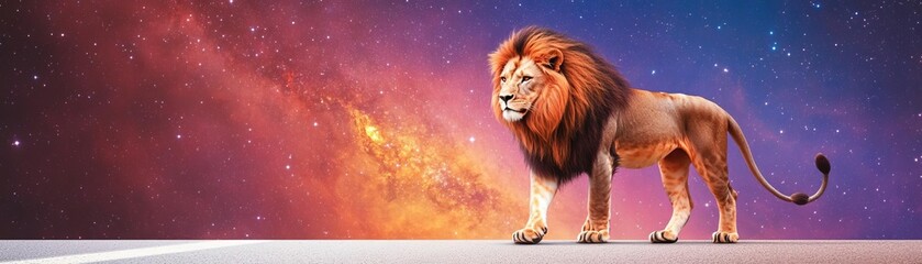 Fototapeta premium Celestial lion walking across a cosmic horizon, its mane shimmering with interstellar light