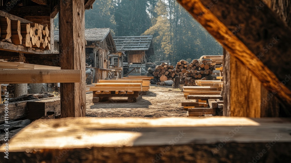 Poster a rustic lumberyard with square beams drying under the sun, framed by rough logs in the background, 