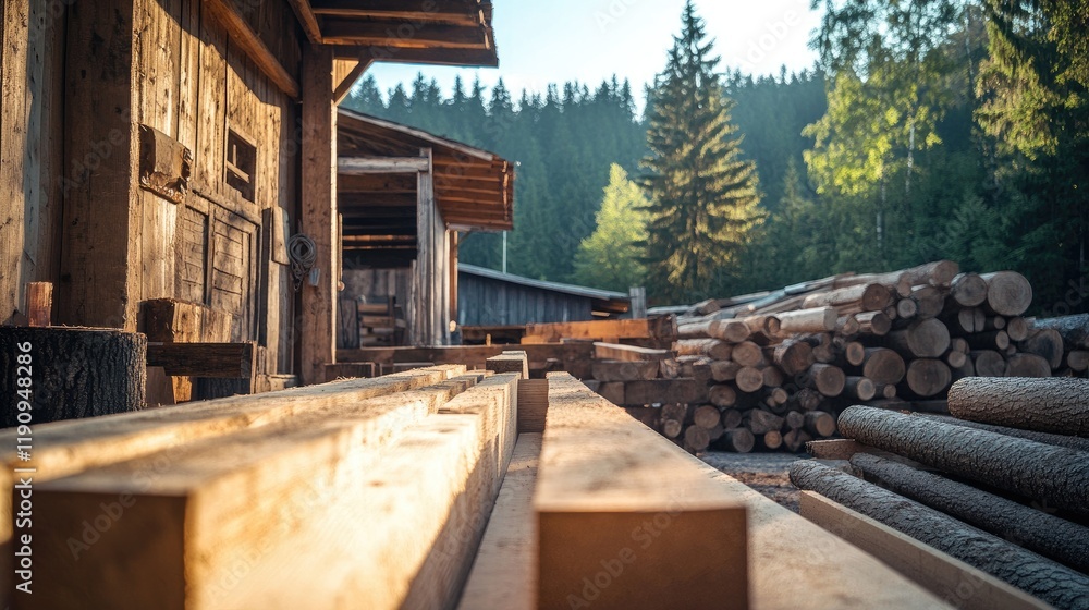 Aufkleber a rustic lumberyard with square beams drying under the sun, framed by rough logs in the background, 