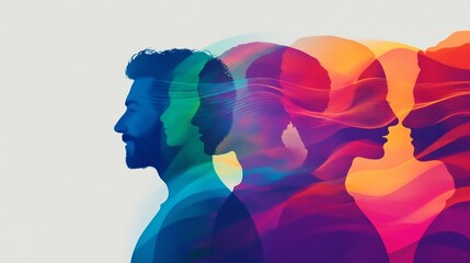 Diverse Silhouettes Intertwined in Colorful Sound Waves,Symbolizing Unity and Connection