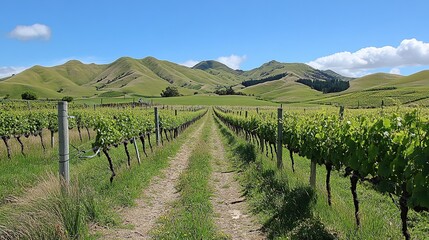 Obraz premium Vineyard rows leading to rolling hills under a clear sky.