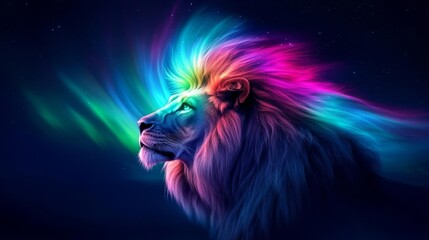 Celestial lion with a mane glowing like a vibrant aurora, blending cosmic energy with strength