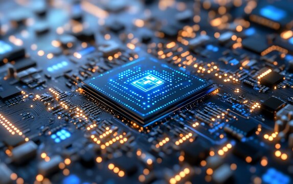 Quantum computing system with processors, AI digital neurons, electronic circuits, and global data network, abstract technology visualization, cuttingedge innovation