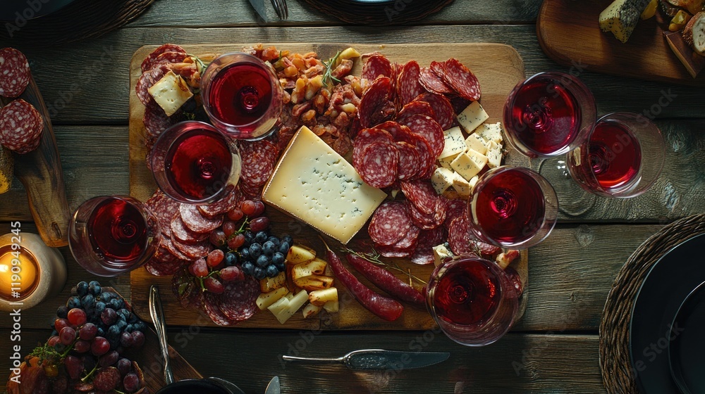 Aufkleber A rustic wooden table viewed from above, featuring red wine glasses at different fill levels and a charcuterie board with an assortment of cheeses, meats, and fruits