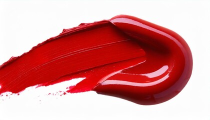 Fototapeta premium Red lipstick smear smudge swatch isolated on white background, cream makeup texture, color cosmetic product brush stroke swipe close up.