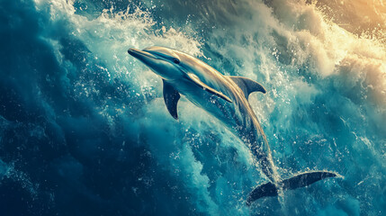 Naklejka premium Dolphin leaps gracefully through ocean waves under a vibrant sunset sky