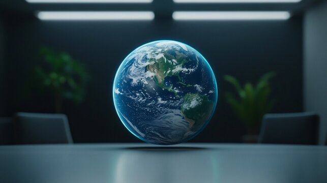 Futuristic Earth Hologram in Corporate Setting Emphasizing Innovation