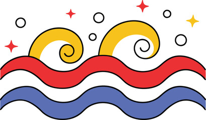 Stylized ocean waves, abstract art, colorful swirls, red, yellow, blue, stars, bubbles, design, illu