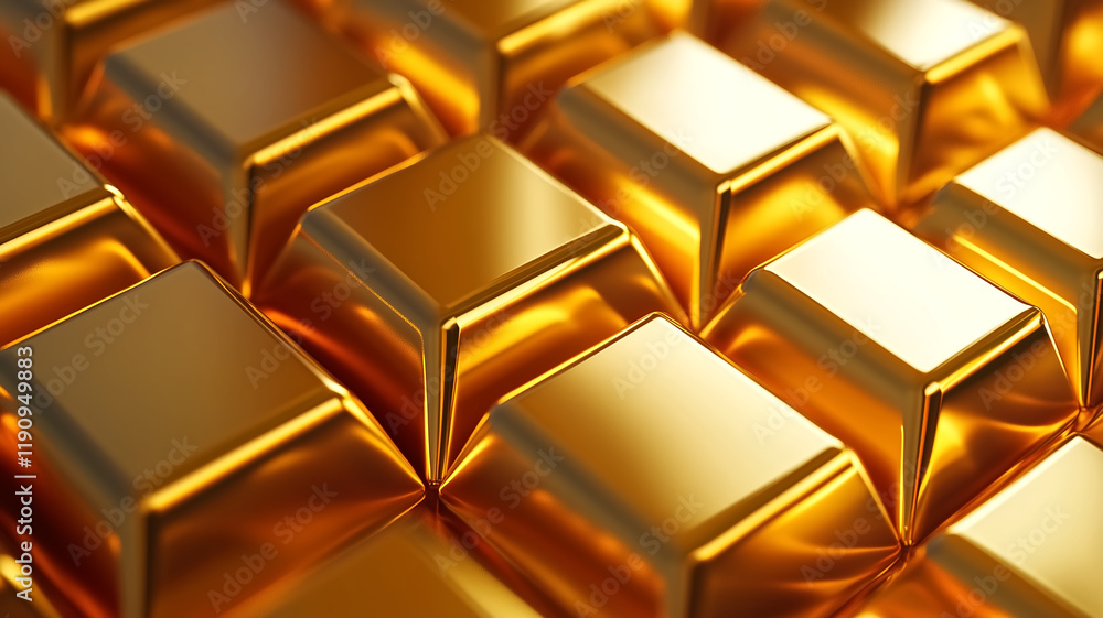 Poster close up view of shiny, reflective gold cubes arranged in geometric pattern, creating elegant and lu