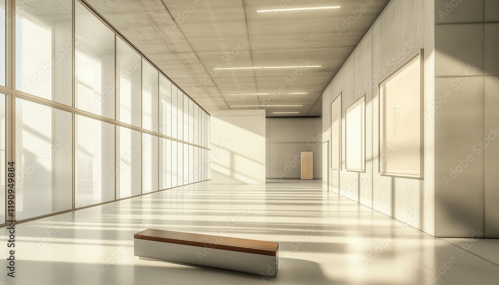 Poster modern exhibition hall with blank poster and seating. showcase of artwork in a gallery setting. empt