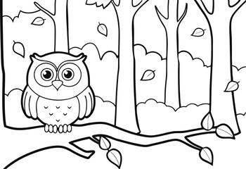 Autumn Owl Coloring Page Forest, Leaves, Bird, Branch, Trees