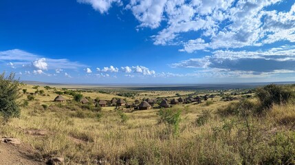 Obraz premium African Savanna Landscape with Traditional Huts