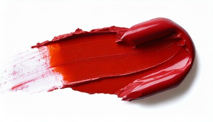 Red lipstick smear smudge swatch isolated on white background, cream makeup texture, color cosmetic product brush stroke swipe close up.