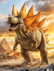 Fototapeta premium Prehistoric Spiked Dinosaur Roaring in Volcanic Landscape; Educational Poster