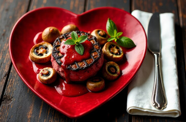 Grilled meat medallion with mushrooms lies on a red plate in the shape of a heart and decorated with herbs, on the right is a white napkin