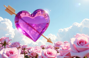 A voluminous pink amethyst heart pierced by a golden arrow levitates over a field of white roses against a blue sky,copy space
