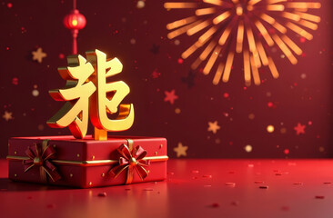 Glowing golden Chinese character "Fu" next to gifts in red boxes close-up against festive fireworks background, copy space