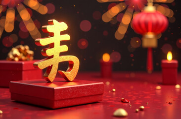 Glowing golden Chinese character "Fu" next to gifts in red boxes close-up against festive fireworks background, copy space
