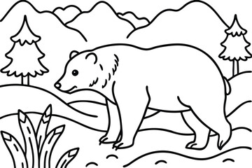 Line Art Drawing of a Bear in a Mountain Landscape