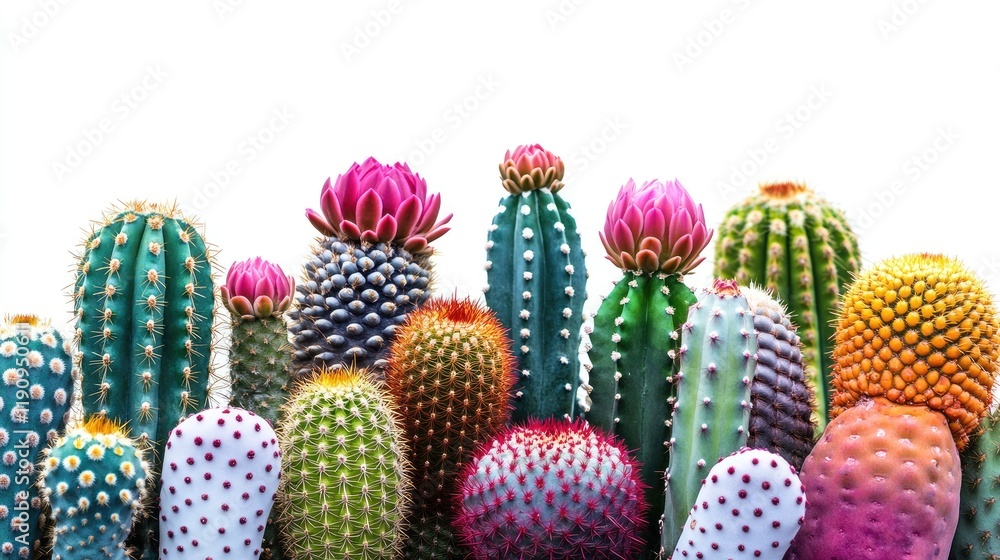 Poster A series of brightly colored cacti, each with distinct textures, isolated on a white background to emphasize their boldness and intricate details