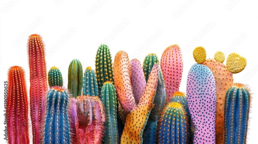 Poster A series of brightly colored cacti, each with distinct textures, isolated on a white background to emphasize their boldness and intricate details