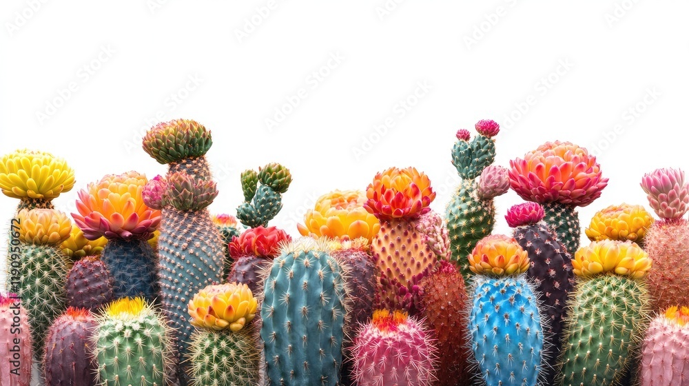 Poster A series of brightly colored cacti, each with distinct textures, isolated on a white background to emphasize their boldness and intricate details