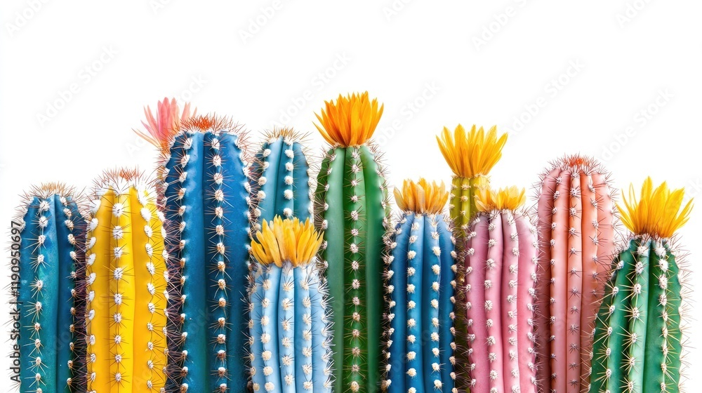 Poster A series of brightly colored cacti, each with distinct textures, isolated on a white background to emphasize their boldness and intricate details
