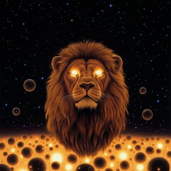 Fototapeta premium Celestial lion with glowing eyes, standing proudly amidst a field of luminous asteroids