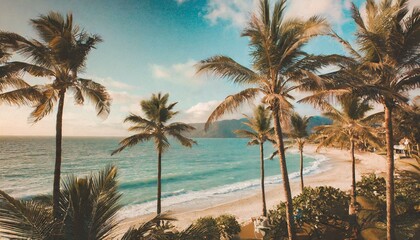 Beautiful Vintage tropical beach with palm trees, sunset beach seascape, design template for travel banner, faded picture.