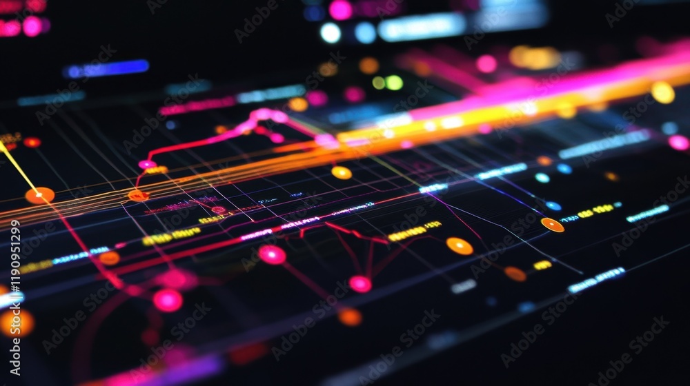 Poster complex manufacturing process visualized on a digital interface, showing interconnected nodes, data 