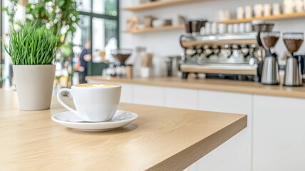 Obraz premium coffee cup on wooden table in modern cafe with greenery and equipment