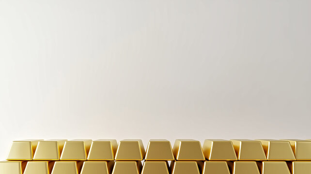 Gold bars arranged neatly together on plain background, showcasing wealth and luxury. minimalist composition emphasizes shiny, smooth surface of gold bars, creating sense of opulence