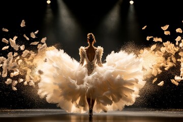 A performer in an extravagant showgirl costume walking on stage at a Las Vegas show, with feathers and sequins sparkling under bright lights