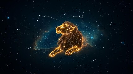 Fototapeta premium Golden Leo constellation forming a glowing lion against a nebula-filled backdrop