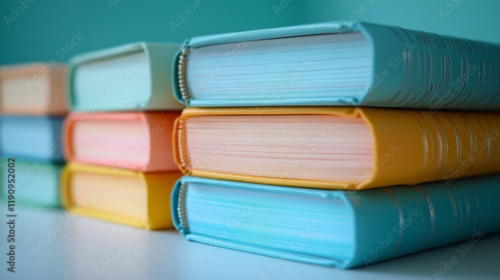 Poster colorful stack of notebooks arranged neatly on a marble surface for creativity and organization