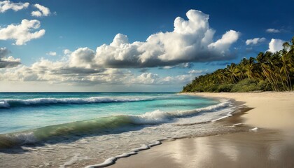 Fototapeta premium Beautiful tropical beach with palm trees, sunset beach seascape, design template for travel banner.
