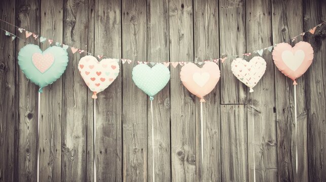Colorful heart balloons decoration for valentine's day celebration rustic wooden background event photography
