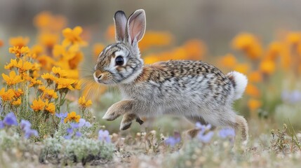 Fototapeta premium Rabbit exploring a vibrant flower field during sunny spring day
