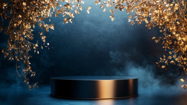 A minimalist podium with a matte black base and sleek gold top, set beneath an arched canopy of shining golden foliage, surrounded by a delicate mist and warm, soft lighting.
