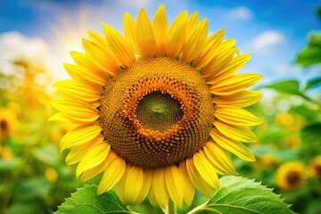 Close-up macro of a smiling sunflower, vibrant green leaves, and a blurred natural backdrop; perfect for text.
