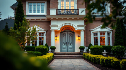Luxury Brick Mansion at Dusk: Grand Home Exterior, Elegant Design, and Landscaped Gardens