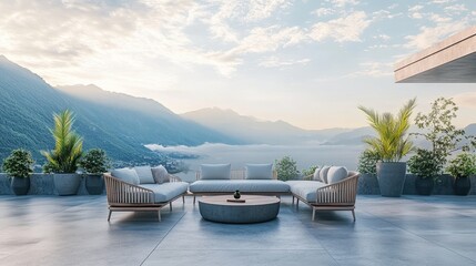 Fototapeta premium Modern loft style terrace with 3D rendering overlooking the sea and fog. It has polished concrete floors, with terrace furniture. In the morning with a view of the mountains.