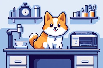 A pixel art representation of a veterinary clinic with animated pets like a jumping dog, a purring cat, and glowing diagnostic tools