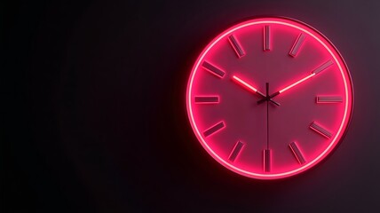 Simplistic Neon Glowing Clock Against Dark Background,3D