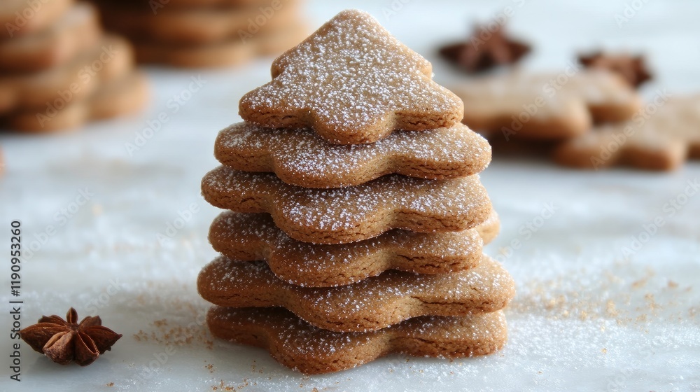 Poster a stack of gingerbread cookies shaped like a christmas tree, delicately dusted with icing sugar and 